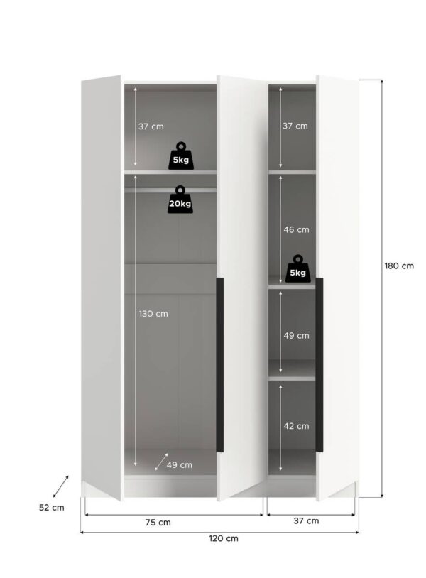 Kleiderschrank KOPENHAGEN weiß B/H/T: ca. 120x181x52 cm – Bild 3