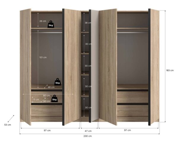 Kleiderschrank OAKLAND Eiche Sonoma Nachbildung Cashmere B/H/T: ca. 230x183x53 cm Kleiderschrank OAKLAND Eiche Sonoma Nachbildung Cashmere B/H/T: ca. 230x183x53 cm – Bild 4