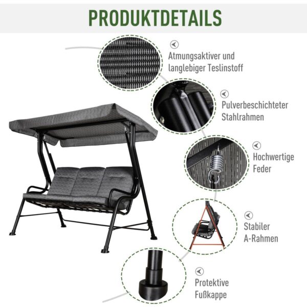 Outsunny Hollywoodschaukel schwarz Stahl B/H/T: ca. 200x170x120 cm Outsunny Hollywoodschaukel schwarz Stahl B/H/T: ca. 200x170x120 cm – Bild 3