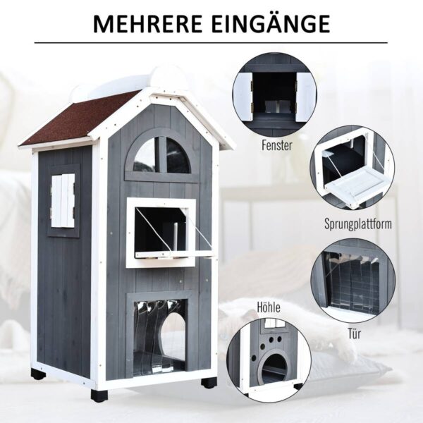 PawHut Katzenvilla grau Holz B/H/L: ca. 55x109x59 cm – Bild 3