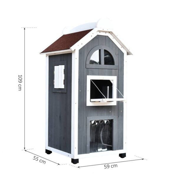 PawHut Katzenvilla grau Holz B/H/L: ca. 55x109x59 cm – Bild 4