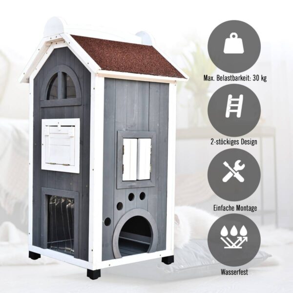 PawHut Katzenvilla grau Holz B/H/L: ca. 55x109x59 cm – Bild 5