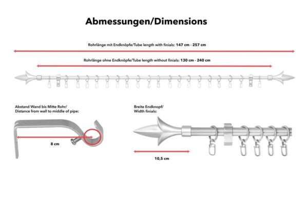 LICHTBLICK Gardinenstange Lilie silber Metall D: ca. 0,16 cm ausziehbar von ca. 130 bis 240 cm 1.0 Läufe – Bild 4