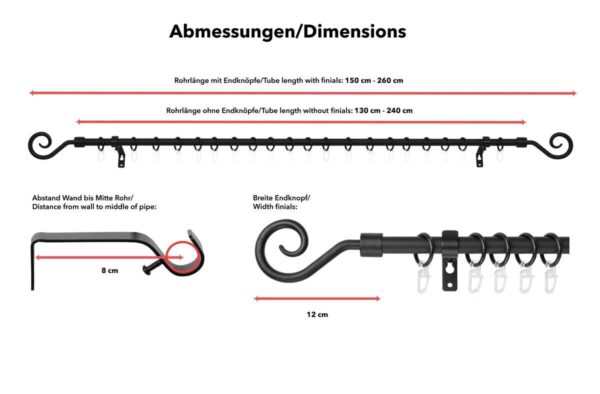 LICHTBLICK Gardinenstange Kringel schwarz Metall D: ca. 0,16 cm ausziehbar von ca. 130 bis 240 cm 1.0 Läufe LICHTBLICK Gardinenstange Kringel schwarz Metall D: ca. 0,16 cm ausziehbar von ca. 130 bis 240 cm 1.0 Läufe – Bild 3