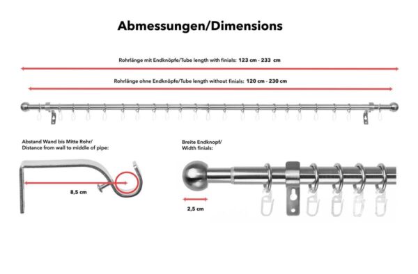 LICHTBLICK Gardinenstange Kugel Edelstahloptik Metall D: ca. 0,2 cm ausziehbar von ca. 120 bis 230 cm 1.0 Läufe LICHTBLICK Gardinenstange Kugel Edelstahloptik Metall D: ca. 0,2 cm ausziehbar von ca. 120 bis 230 cm 1.0 Läufe – Bild 3