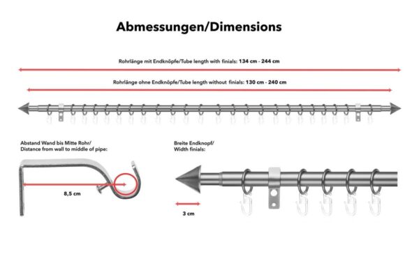 LICHTBLICK Gardinenstange Kegel Chrom Metall D: ca. 2 cm ausziehbar von ca. 130 bis 240 cm 1.0 Läufe LICHTBLICK Gardinenstange Kegel Chrom Metall D: ca. 2 cm ausziehbar von ca. 130 bis 240 cm 1.0 Läufe – Bild 3