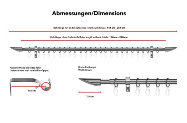 LICHTBLICK Gardinenstange Lipstick Chrom Metall D: ca. 2 cm ausziehbar von ca. 130 bis 240 cm 1.0 Läufe LICHTBLICK Gardinenstange Lipstick Chrom Metall D: ca. 2 cm ausziehbar von ca. 130 bis 240 cm 1.0 Läufe – Bild 2