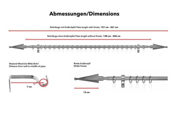 LICHTBLICK Gardinenstange Pyramide Edelstahloptik Metall D: ca. 1,6 cm ausziehbar von ca. 130 bis 240 cm 1.0 Läufe – Bild 3