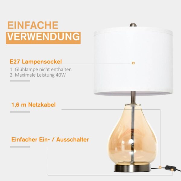 HOMCOM 2er-Tischleuchtenset B31-251 goldgelb cremeweiß silber Leinen Stahl Glas B/H/T: ca. 30x56x30 cm E27 1 Brennstellen – Bild 2