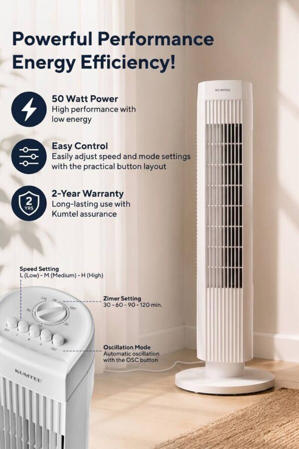 Opviq - Kumtel Standventilator weiß Kunststoff B/H/L: ca. 24,4x74,5x24,4 cm – Bild 3