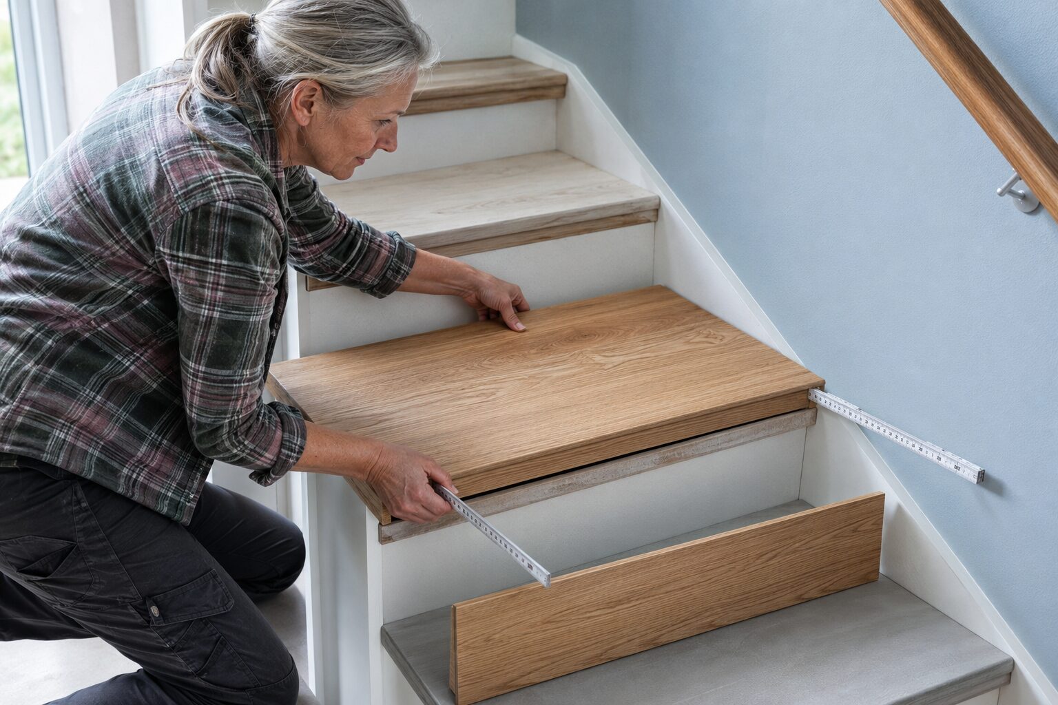 Renovierungsstufe aus Eiche auf einer alten Treppe einpassen