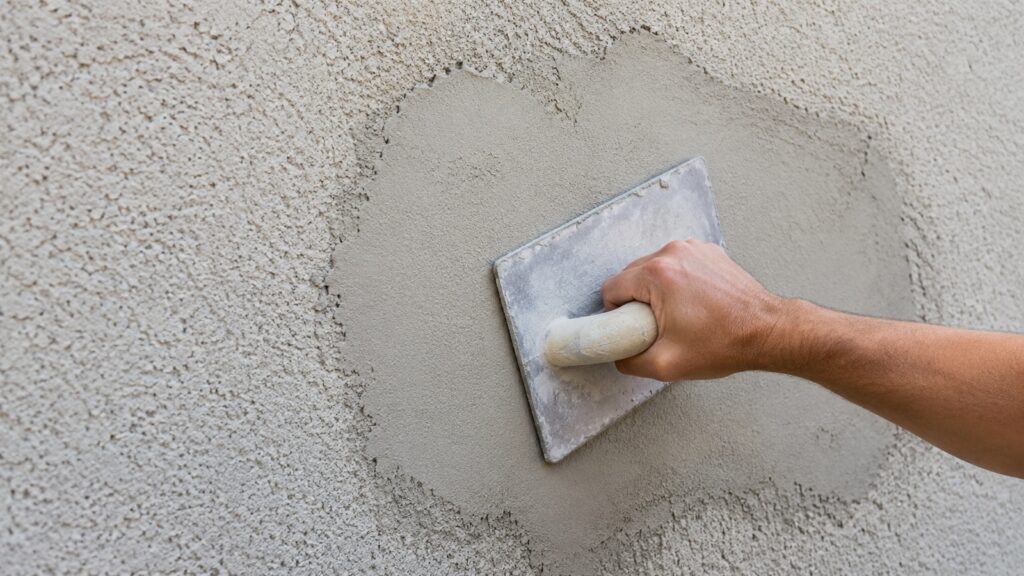 Frischer Reparaturputz wird mit dem Reibebrett an die Struktur der Altfläche angeglichen