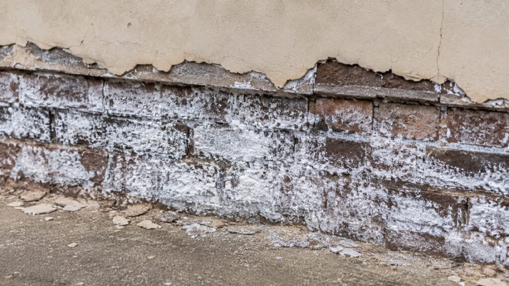 Weiße Salzausblühungen und abgeplatzter Putz am Ziegelsockel einer Hauswand