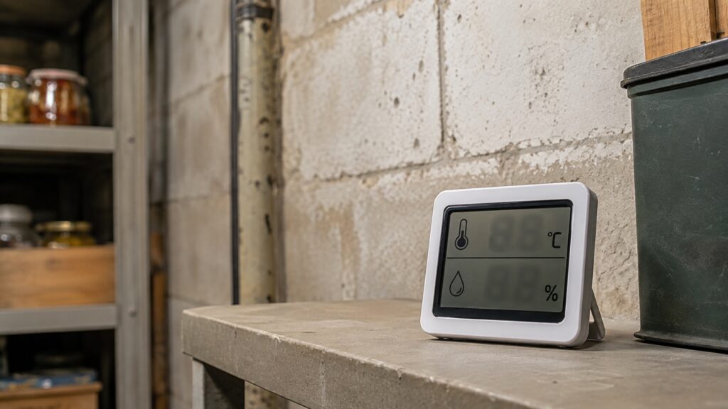 Digitales Thermo-Hygrometer auf einer Werkbank im Keller
