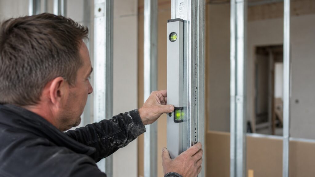 Handwerker richtet ein Ständerprofil mit der Wasserwaage lotrecht aus