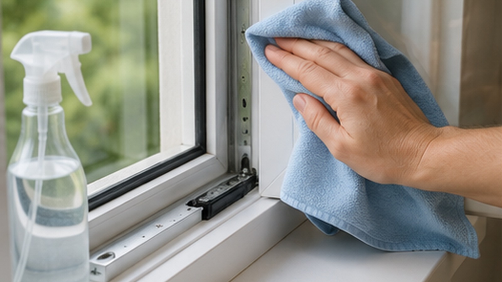 Fensterrahmen und Beschlag werden mit einem weichen Tuch und mildem Reiniger gesäubert