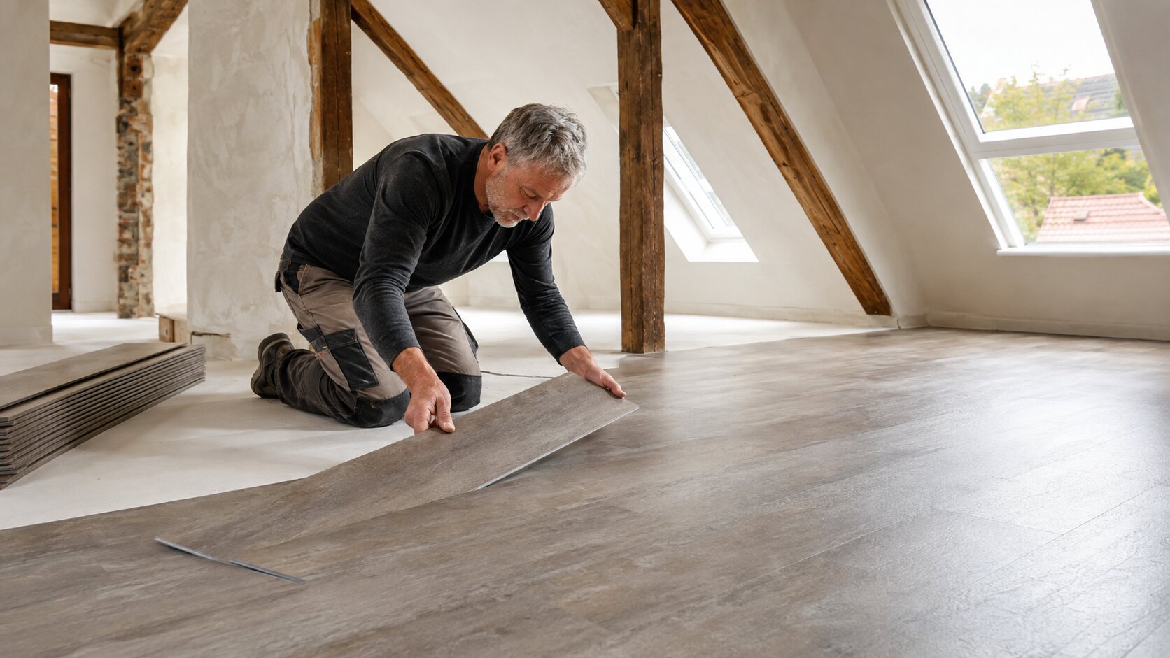 Mann verlegt Klickvinyl in einem ausgebauten Dachgeschoss