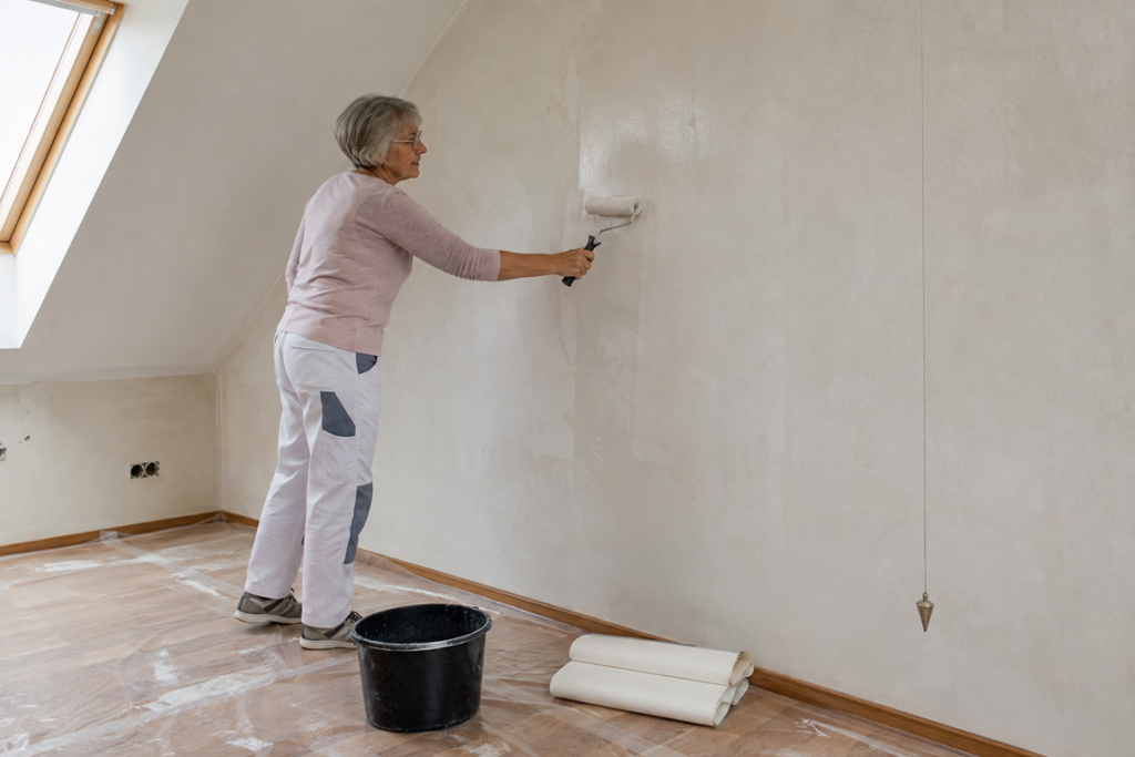Frau trägt Vliestapetenkleister mit einer Rolle gleichmäßig auf die Wand auf