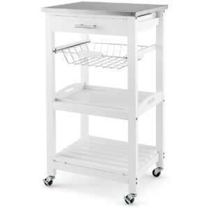 COSTWAY Kleiner Küchenwagen auf Rollen aus Kiefernholz, ca. 47 x 39 x 85 cm – Weiß