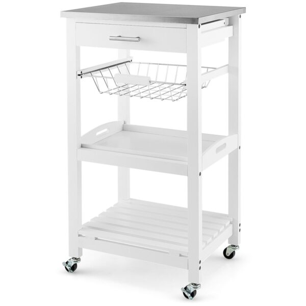 COSTWAY Kleiner Küchenwagen auf Rollen aus Kiefernholz, ca. 47 x 39 x 85 cm – Weiß