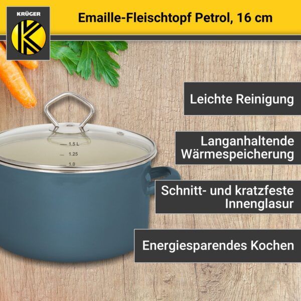 Karl Krüger Emaillierter Fleischtopf Petrol mit Glasdeckel, 16 cm