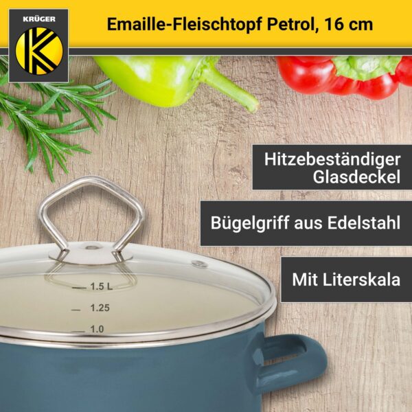 Karl Krüger Emaillierter Fleischtopf Petrol mit Glasdeckel, 16 cm