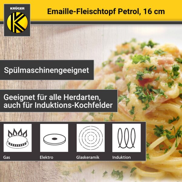 Karl Krüger Emaillierter Fleischtopf Petrol mit Glasdeckel, 16 cm
