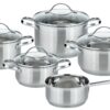 Fünfteiliges Kochgeschirr-Set aus Edelstahl mit Glasdeckeln, bestehend aus drei Töpfen, einem kleinen Topf mit Stiel und einem Topf mit Deckel