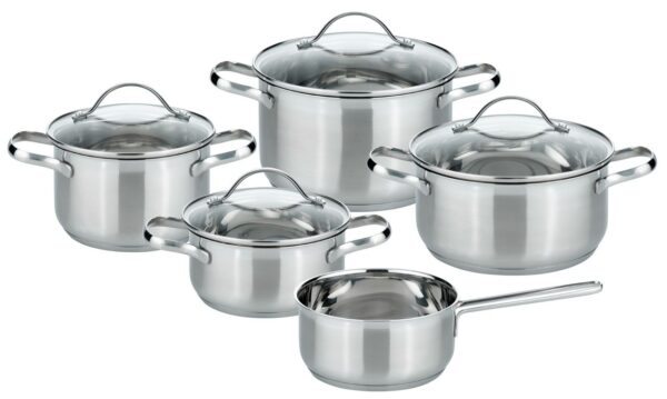 Fünfteiliges Kochgeschirr-Set aus Edelstahl mit Glasdeckeln, bestehend aus drei Töpfen, einem kleinen Topf mit Stiel und einem Topf mit Deckel