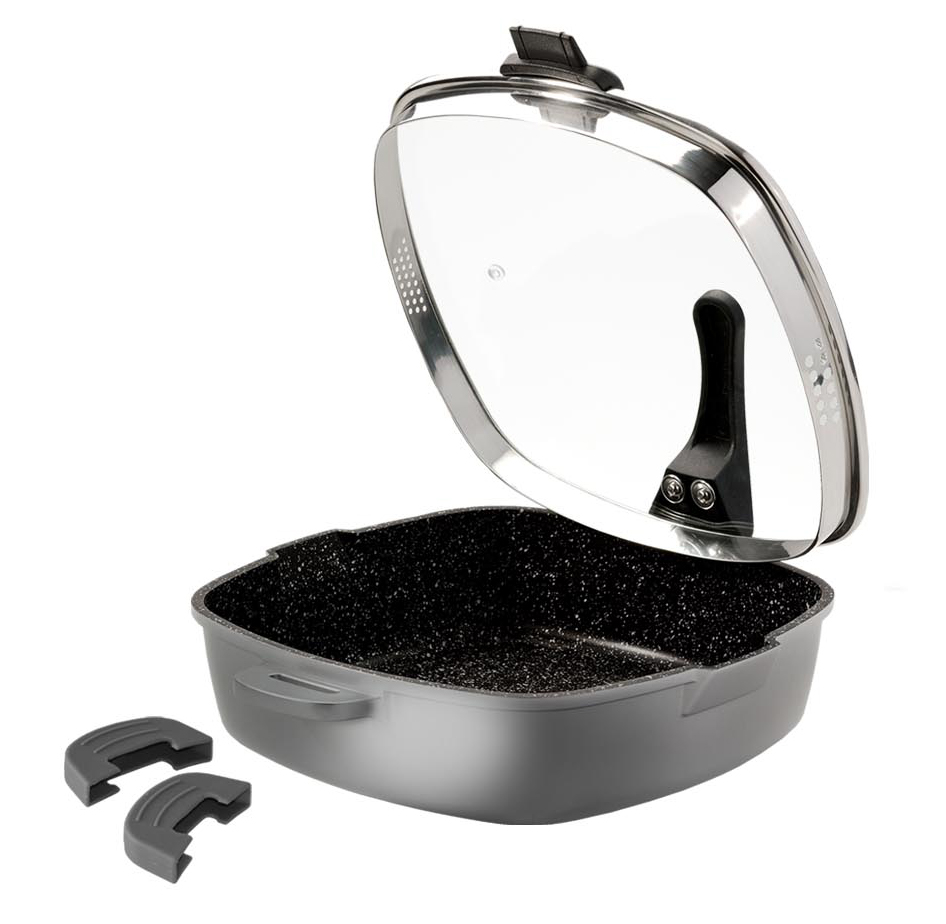 STONELINE® FUTURE Eckpfanne mit Siebglasdeckel, 2Thermogriffschützern