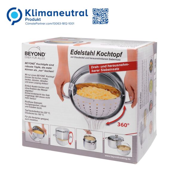 STONELINE® BEYOND® Edelstahl Kochtopf 24 cm, mit Glasdeckel und herausnehmbarem Siebeinsatz