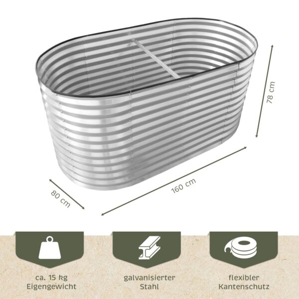 Lemodo Hochbeet Metall 160x80x78cm oval, silber, Pflanzbeet wetterfest, Gartenbeet