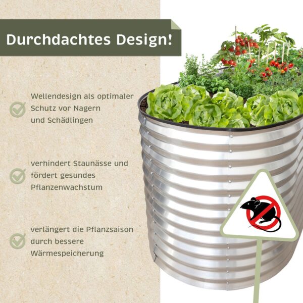 Lemodo Hochbeet Metall 160x80x78cm oval, silber, Pflanzbeet wetterfest, Gartenbeet