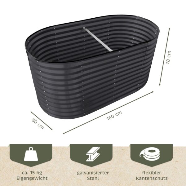 Lemodo Hochbeet Metall 160x80x78cm oval, anthrazit, Pflanzbeet wetterfest, Gartenbeet