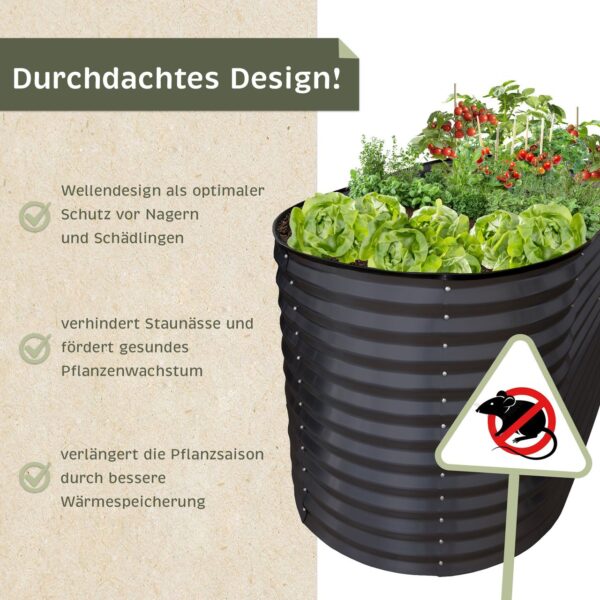 Lemodo Hochbeet Metall 160x80x78cm oval, anthrazit, Pflanzbeet wetterfest, Gartenbeet