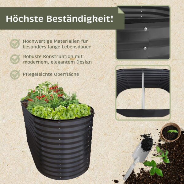 Lemodo Hochbeet Metall 160x80x78cm oval, anthrazit, Pflanzbeet wetterfest, Gartenbeet