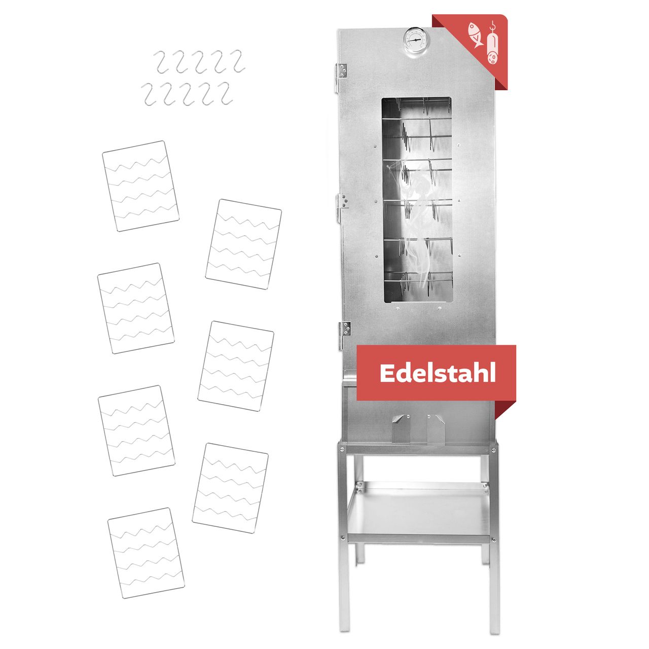 Lemodo Räucherofen XL 110 cm hoch Edelstahl mit Untergestell, Räucherschrank