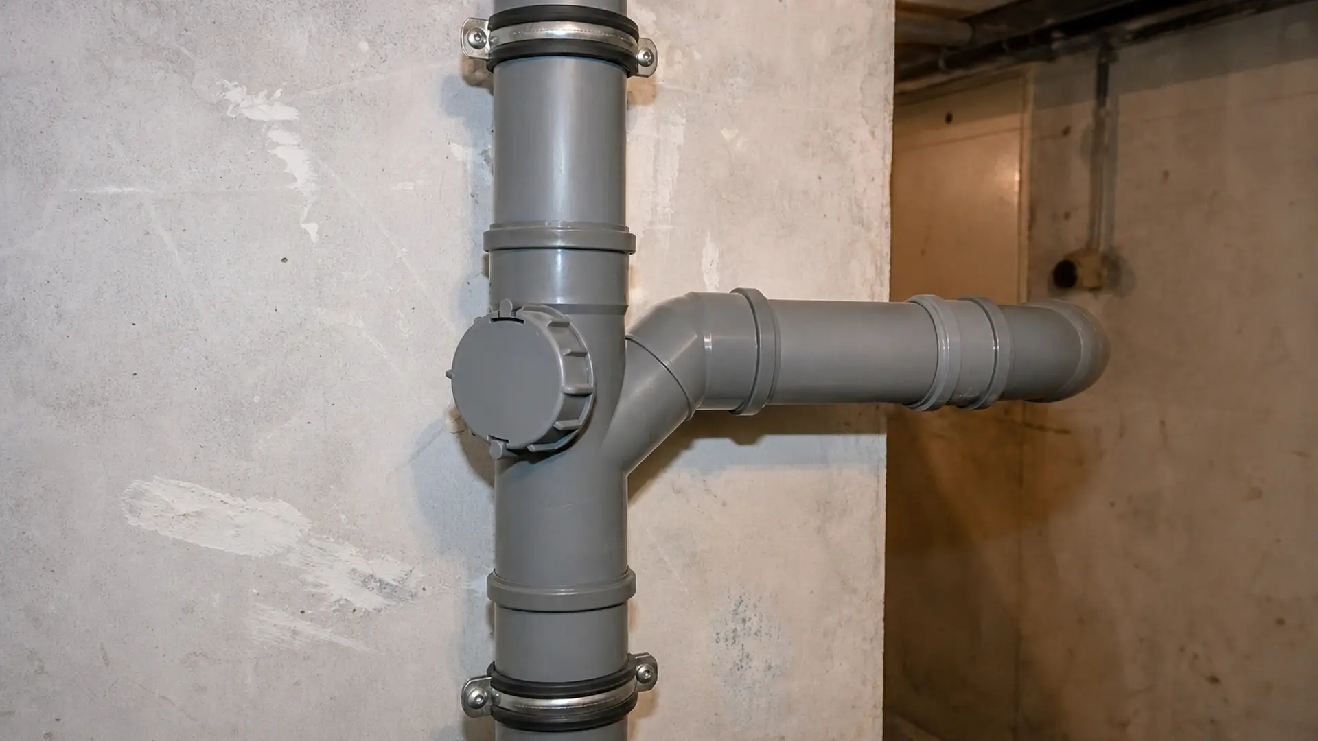 Abwasserfallleitung mit Reinigungsöffnung und abzweigenden Anschlussleitungen im Keller