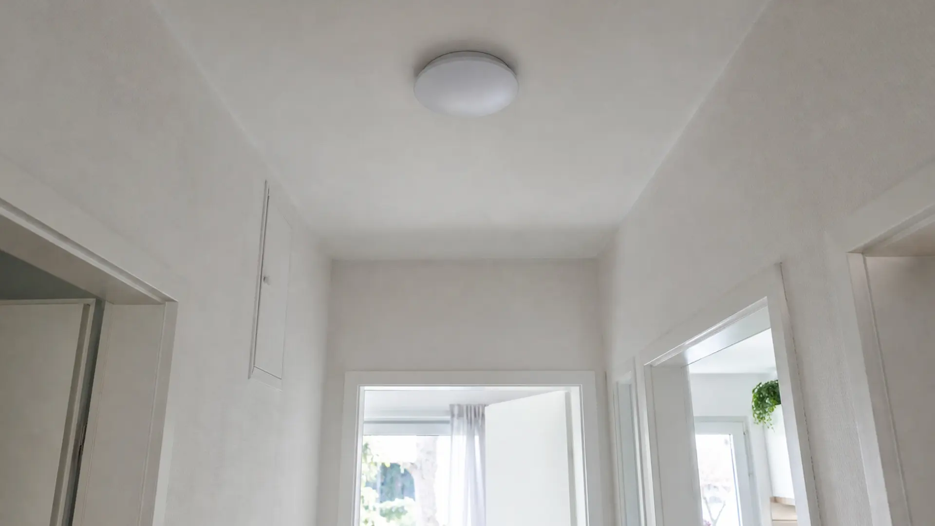 Runder Access Point mittig an der Decke eines Wohnungsflurs