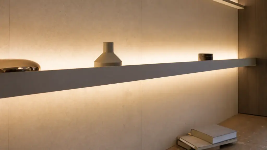 Verstecktes Lichtband in einem Regal beleuchtet die Rückwand, die Leuchte selbst bleibt unsichtbar