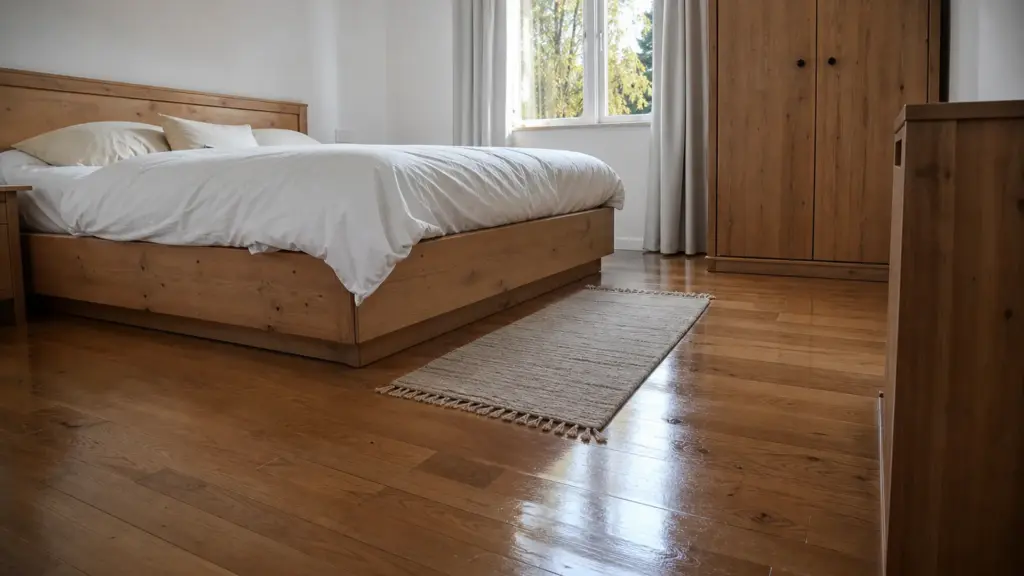 Glatter Bodenbelag in einem Schlafzimmer, feucht gewischt, mit einem kleinen waschbaren Läufer
