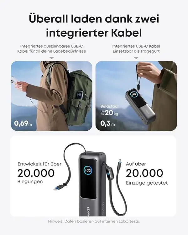 Anker Powerbank (25K, 165W, Integriertes + einziehbares Kabel) – Bild 3