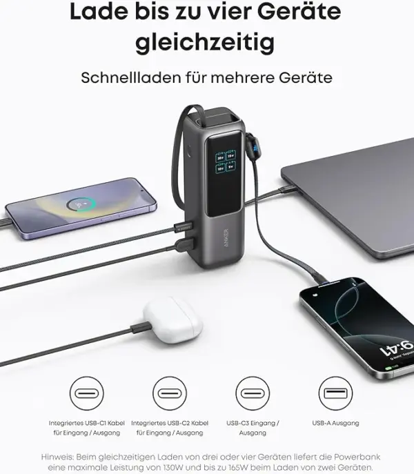 Anker Powerbank (25K, 165W, Integriertes + einziehbares Kabel) – Bild 5