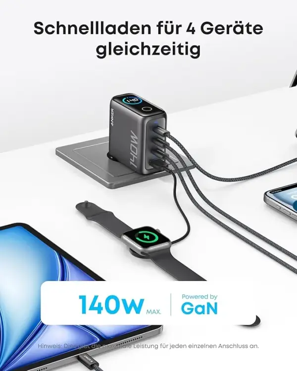 Anker Ladegerät (140W, 4-Port, PD 3.1) mit USB-C Kabel