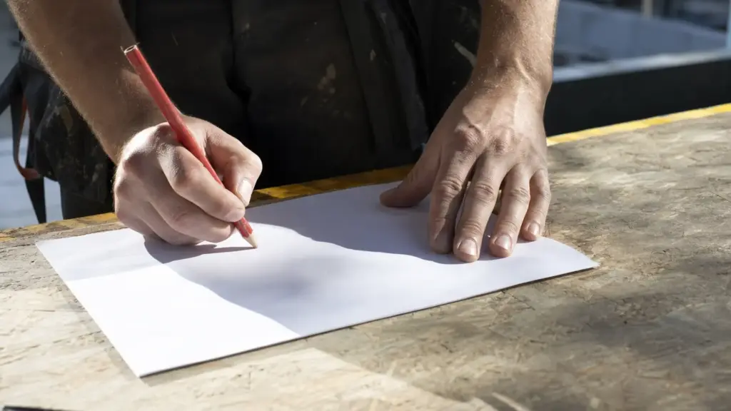 Hand schreibt auf einem Blatt, der eigene Schatten fällt auf die Schreibfläche