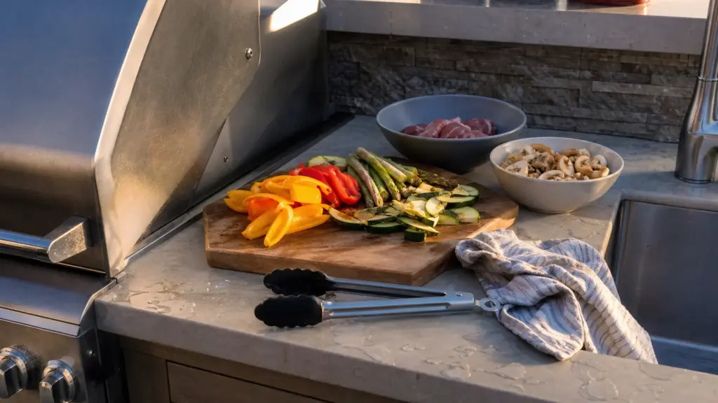 Freie Arbeitsfläche zwischen Grillmodul und Spüle mit vorbereiteten Zutaten und Grillbesteck