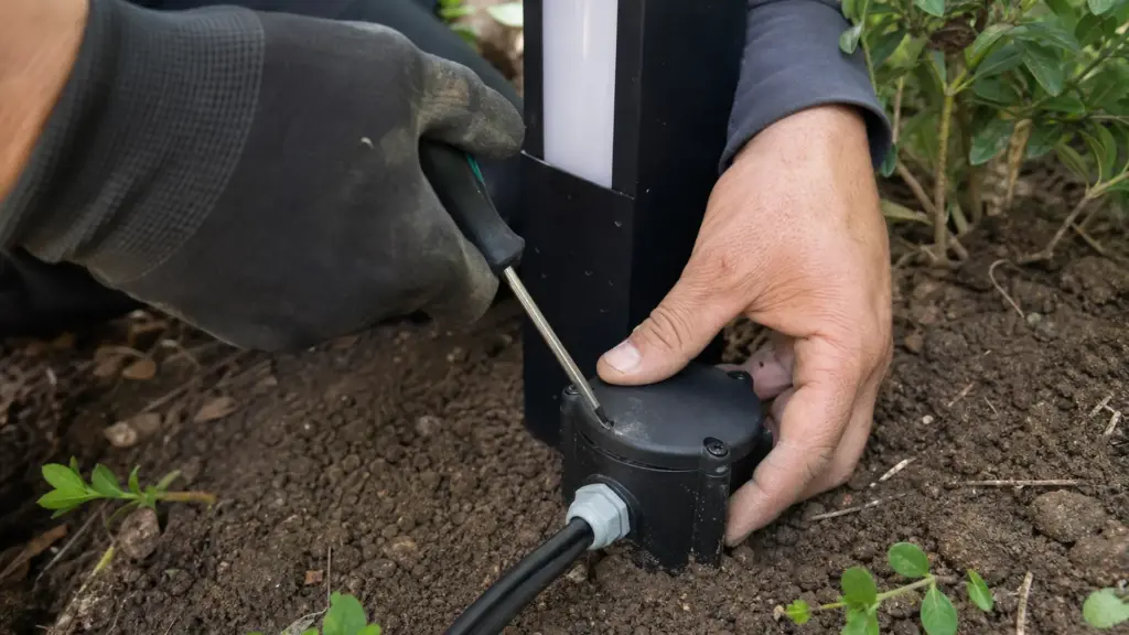 Anschlussdose einer Gartenleuchte wird mit Dichtung verschraubt