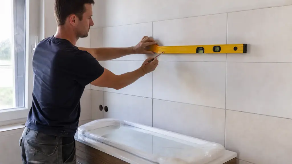 Heimwerker zeichnet mit Bleistift und Wasserwaage die Oberkante für einen Badspiegel an der Wand an