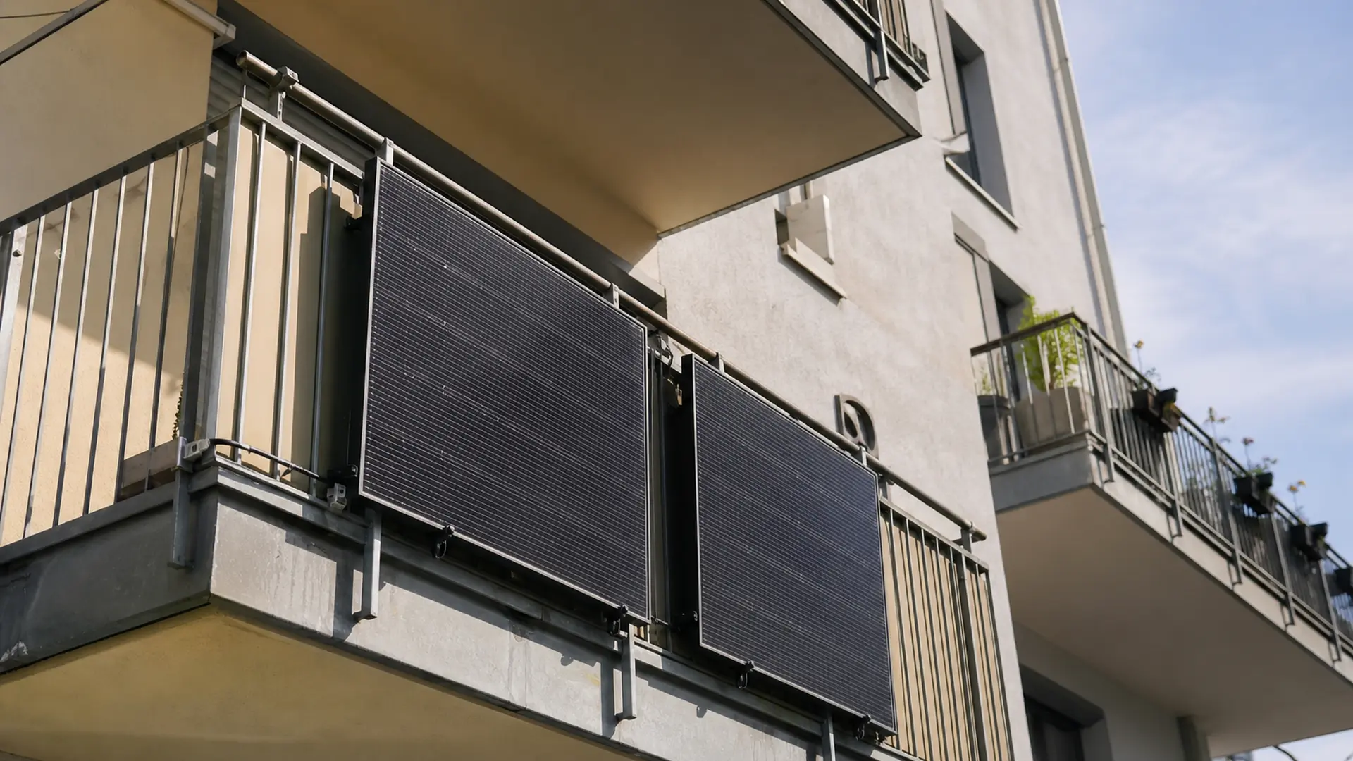 Zwei Solarmodule hängen an der Außenseite eines Balkongeländers