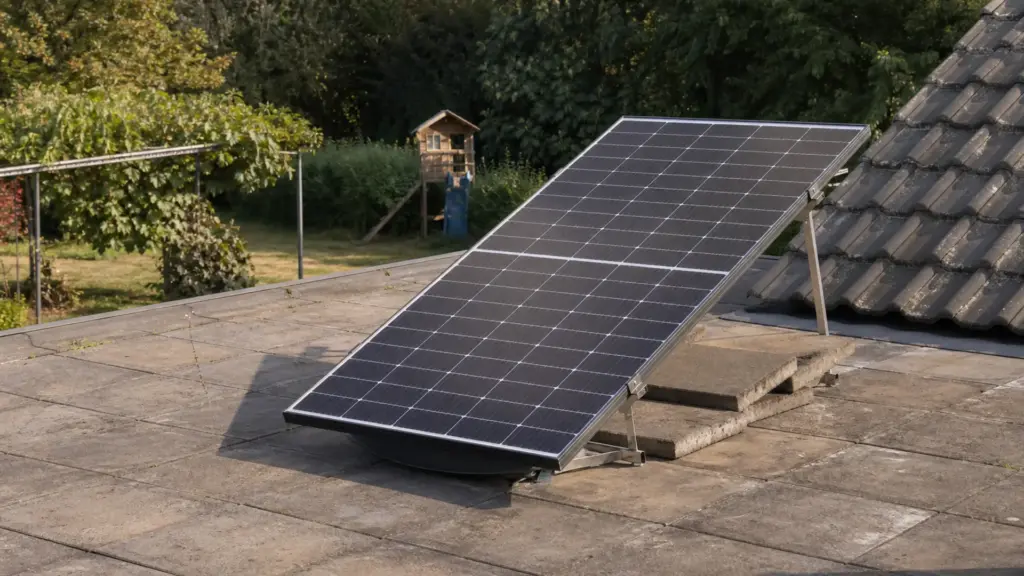 Aufgeständertes Solarmodul steht beschwert auf einer Terrasse